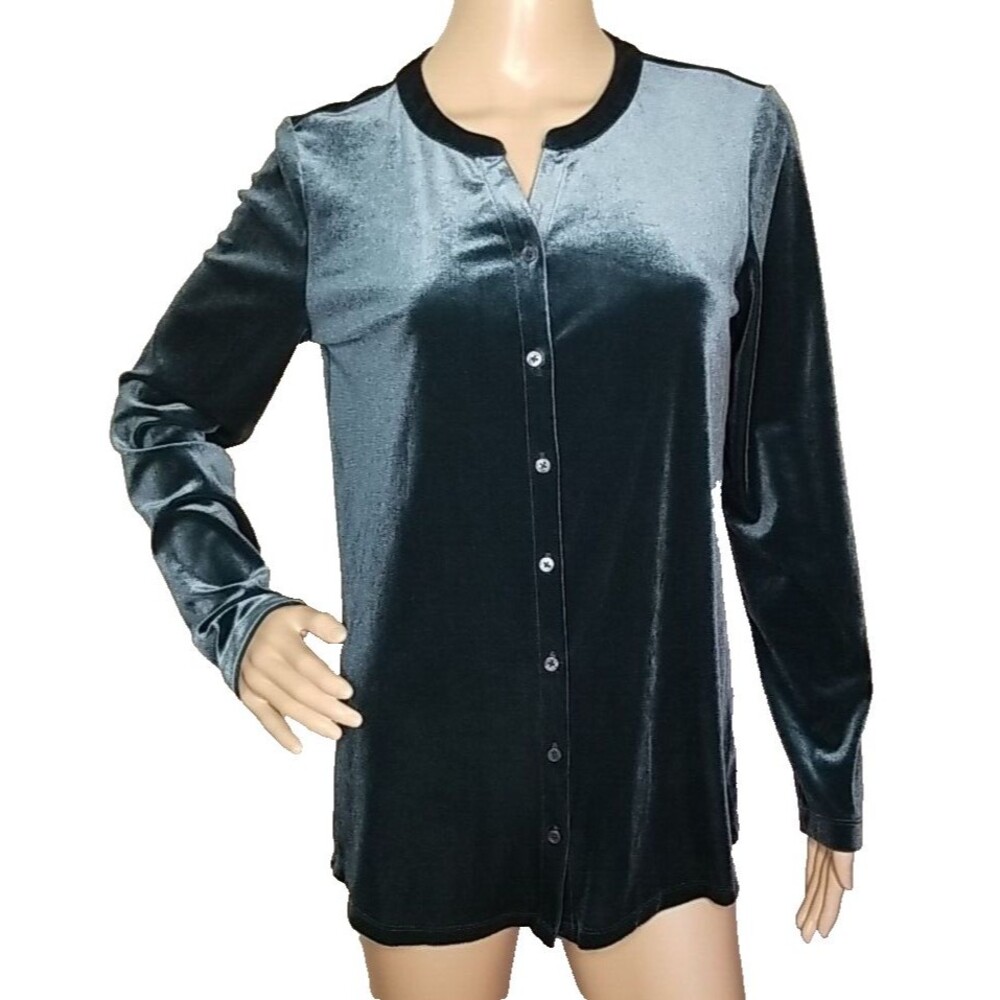 Lands End Shirt Womens Small Green Velvet Long Sleeve Button Stretch         T14